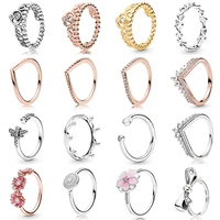 925 sterling silver rings with sparkling rose gold wishbone butterfly crown crystal daisies ring for women wedding party jewelry