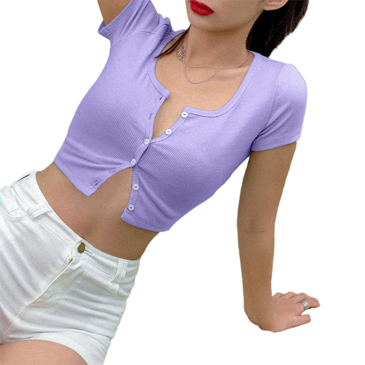 AA Meihuida Women Stretchy Knitted Crop Top Summer Button Green Blue Tight Rib-knitted Plain Short Sleeve Tops |