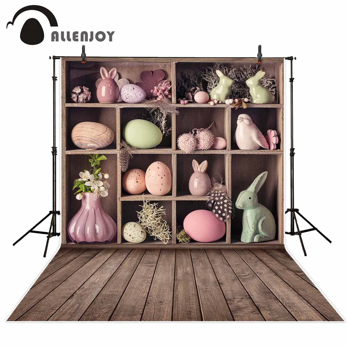 

Allenjoy photophone backgrounds Easter bunny egg flower vase wood floor shelf spring professional backdrops photocall banner