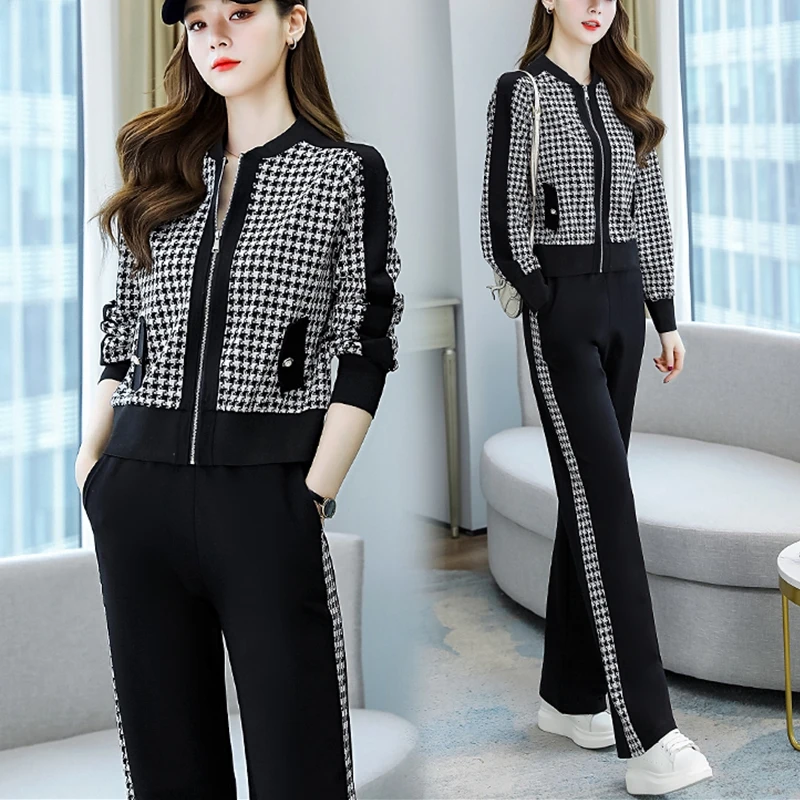 

Fashion Leisure Suit Women Spring And Autumn 2021 2 Piece Set Stitching Plaid Hoodies+pants Two Piece Outfits Tracksuit