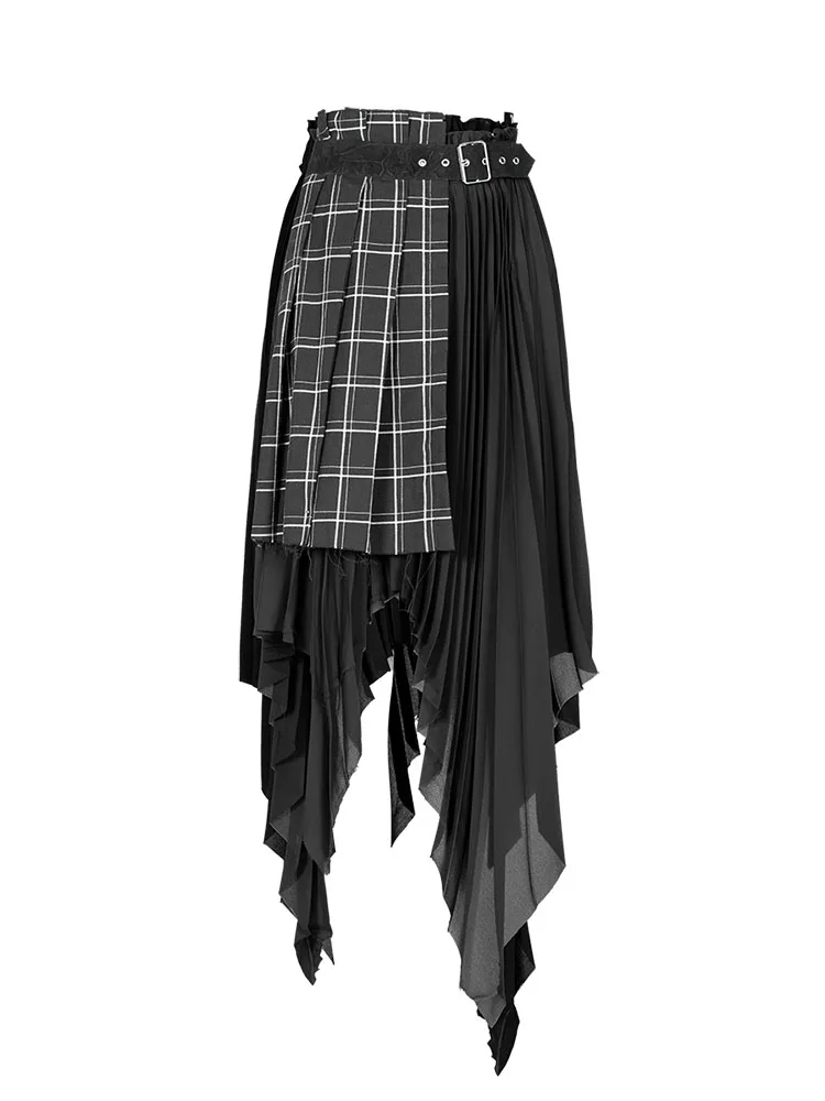 Женская Асимметричная юбка в клетку черная шифоновая с завышенной талией стиле