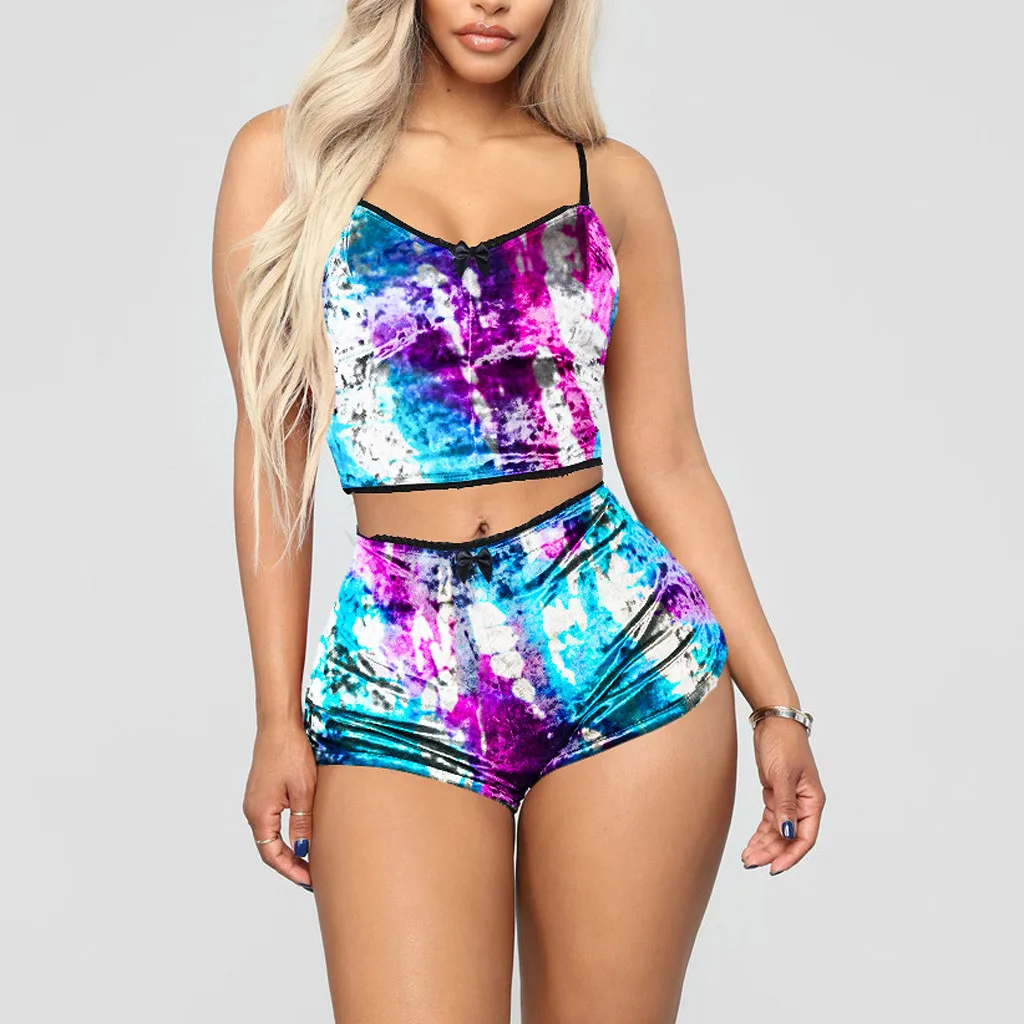 

Women Fashion Pajamas for Women Tie-dye Print Summer Sleepwear Sexy Pyjamas Set Tank Top Shorts Nightwear Droship