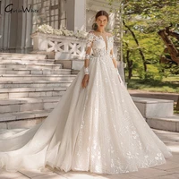 a line beaded wedding dress 2022 sparkling appliques long sleeve bride lace princess detachable train bridal gowns