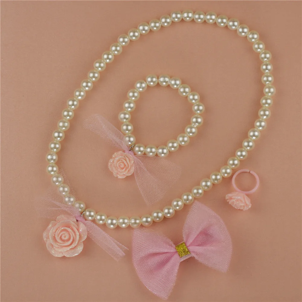Блестящий розовый детский жемчужный браслет с цветами для девочек кольцо