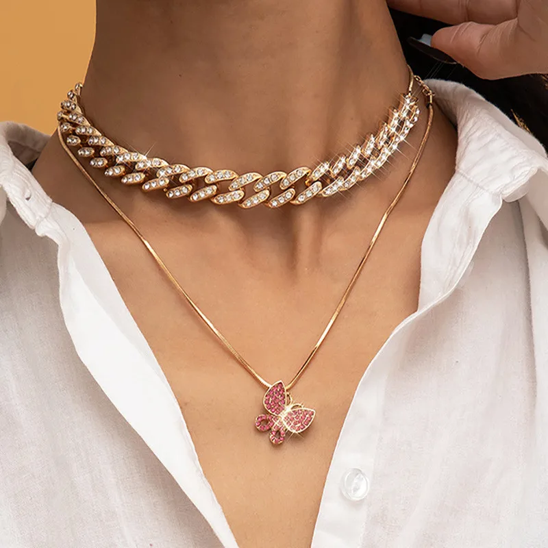 

Vintage butterfly Rose gold clavicle Necklace Ins Simple Cuban Buckle snake Bone Chain NecklaceJewelry