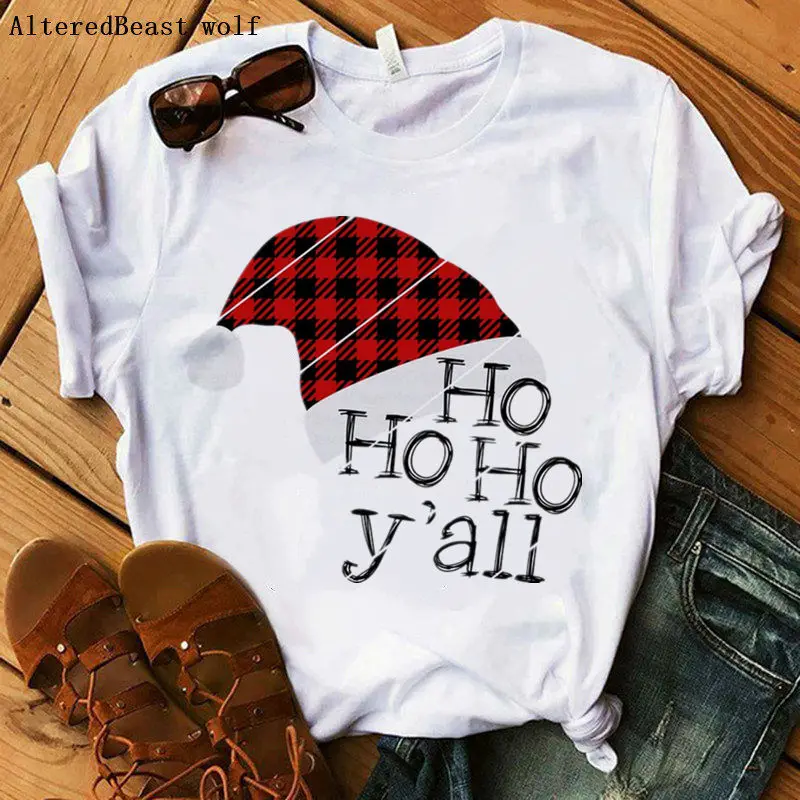 Рождественская футболка Женская клетчатая Футболка с принтом времени белая