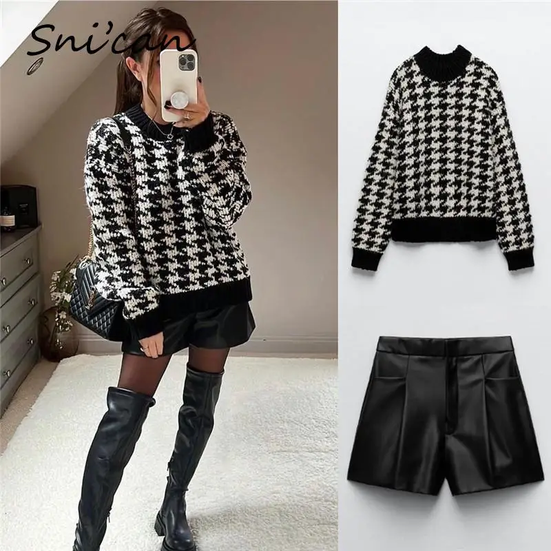 

Za Black Houndstooth Plaid Sweater Fashion Long Sleeve Oversize Loose Knitted Pullover Femme 2021 Women Ourwear Winter Chic Top