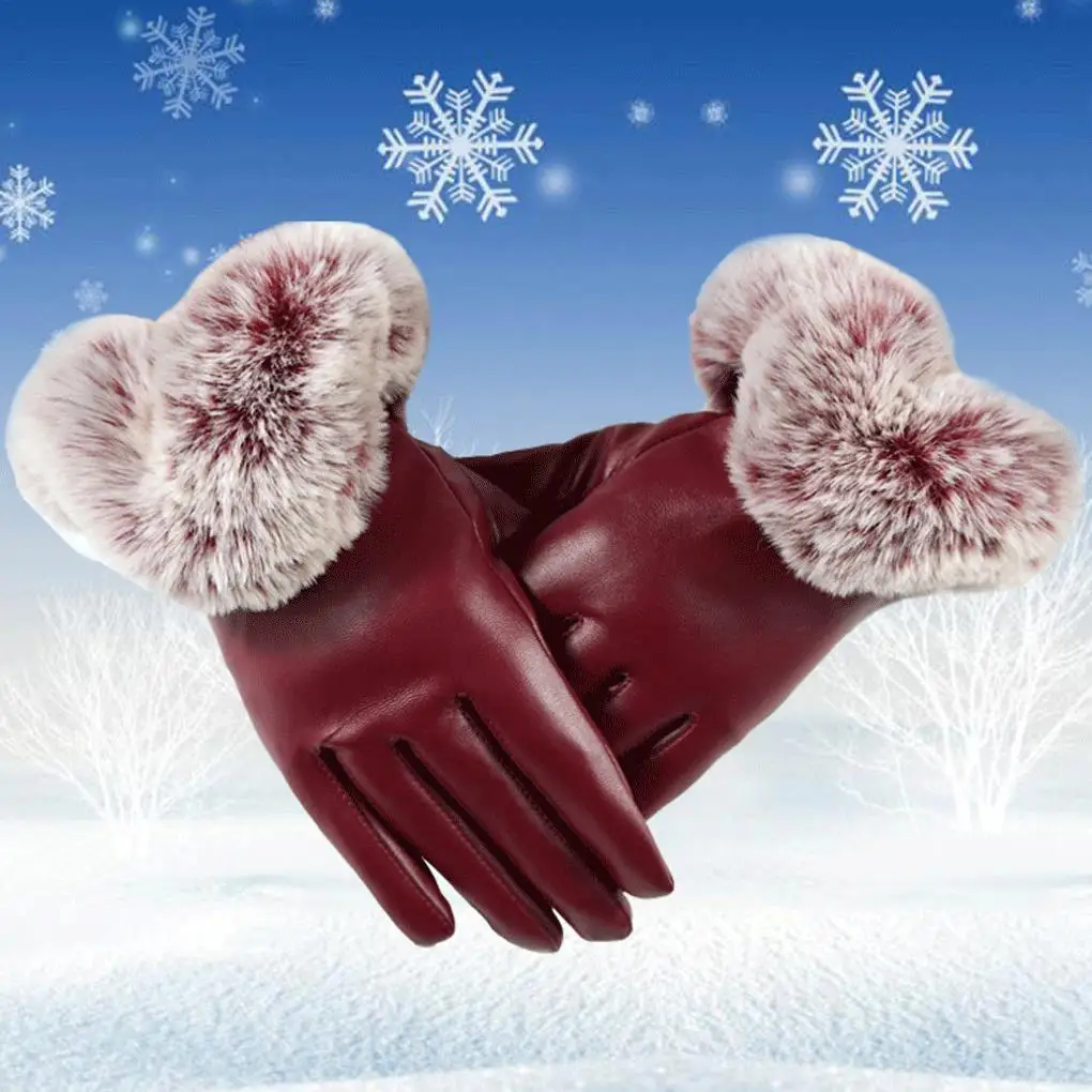 

1 pair Womens Faux Leather Gloves Autumn Winter Warm Rabbit Fur Mittens