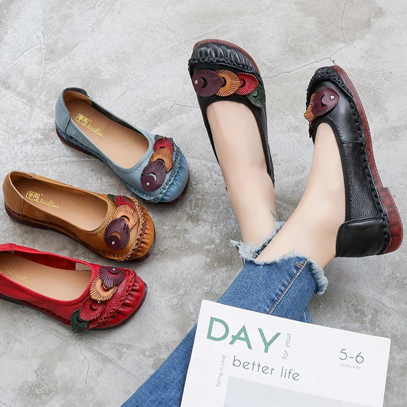 

GKTINOO Genuine Leather Women Shoes Casual Flower Single Flat Round Toe Style Boat Shoes Soft Comfortable Women Flats 2021 New