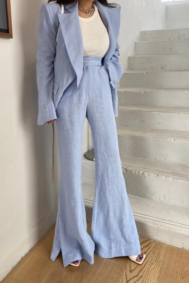 

South Korea Lapel cross waist thin suit flared split Pants Set
