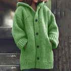 Толстовка Женская средней длины, однотонный модный свитер, плотная зимняя вязаная верхняя одежда на пуговицах с длинным рукавом и капюшоном, большие размеры