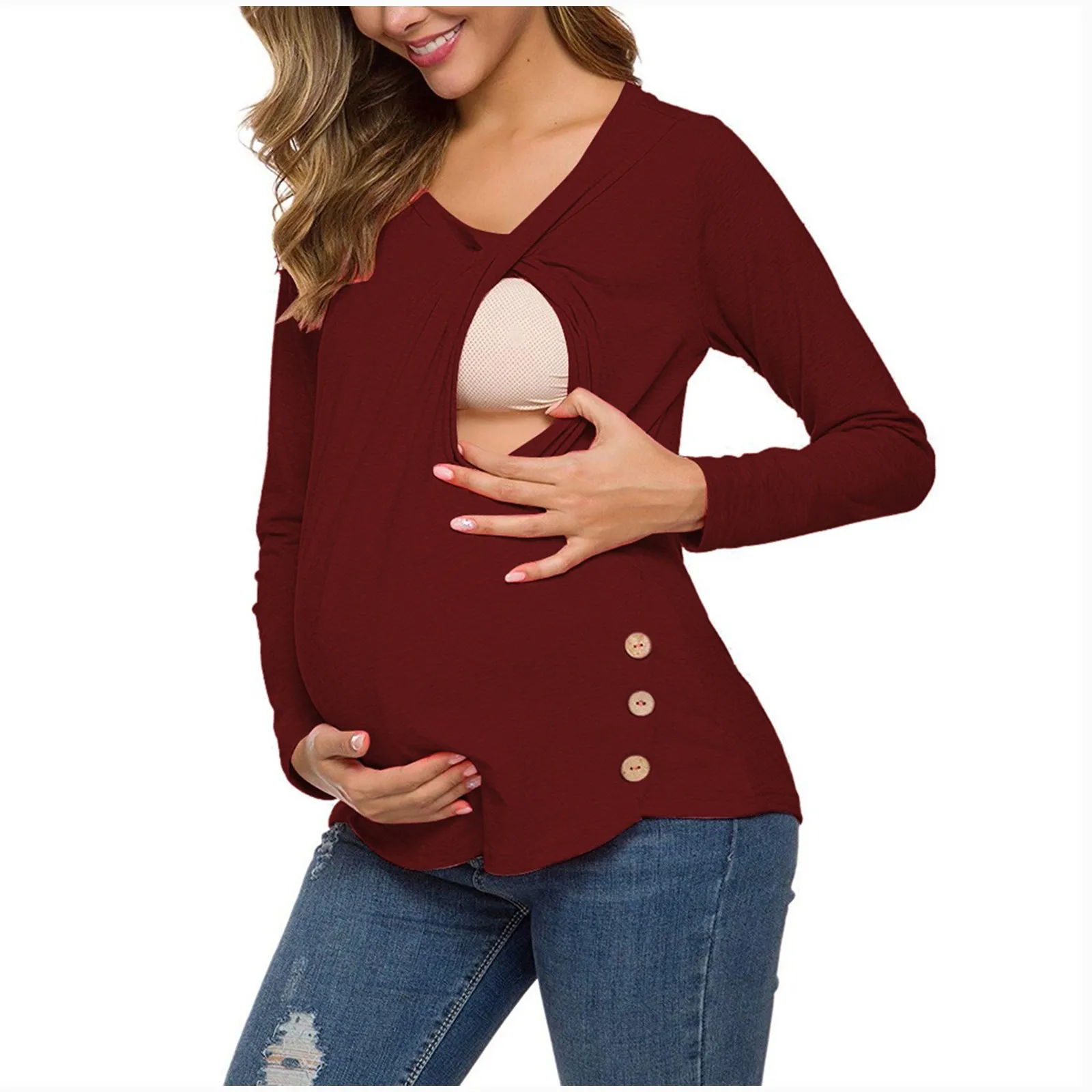 

Рубашка женская с длинным рукавом, на пуговицах сбоку, для кормления грудью, осень для беременных Повседневный
