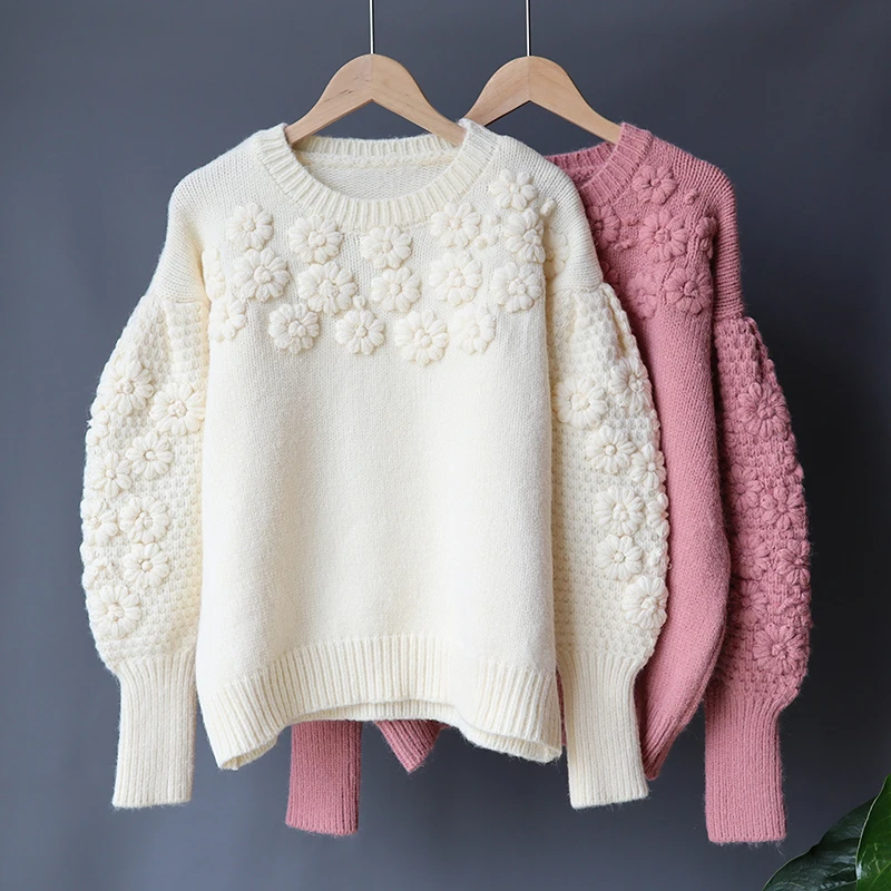 

Winter Women 3D Floral Embroidery Sweater 2020 New Fashion Solid Lantern Sleeve O Neck Pullovers Female Casual Sweet Jumper Tops
