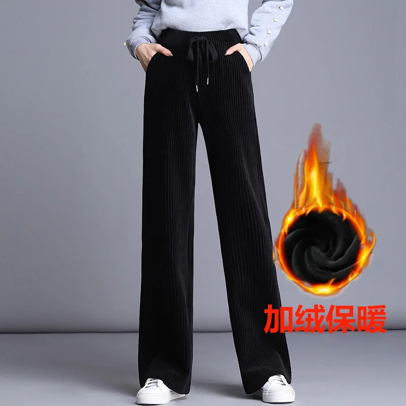 Black-Fleece Вельветовые толстые теплые вельветовые брюки с высокой талией; драпированные длинные широкие брюки в стиле ретро; S-2XL Зимние флисовые брюки с эластичной резинкой на талии - Цвет: Black-Fleece