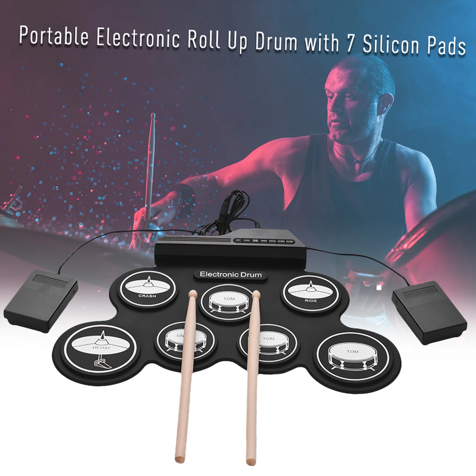 9 Silicon Drum Pads Folding Portable Size Electronic Kit Set USB/Battery Powered with Drumsticks Foot Pedal percussion |