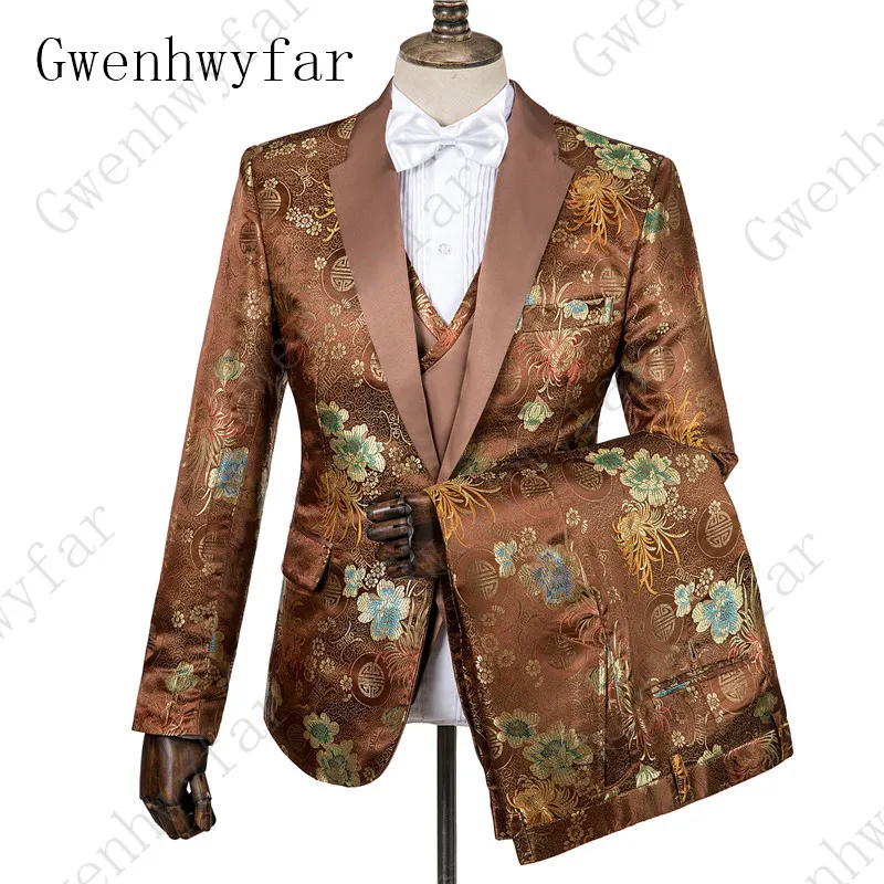 Мужской свадебный костюм новый дизайн коричневый цветочный смокинг мужские