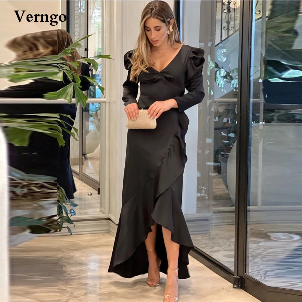 

Винтажное черное атласное вечернее платье-Русалка Verngo с длинными рукавами и V-образным вырезом, короткое спереди и длинное сзади, женское оф...