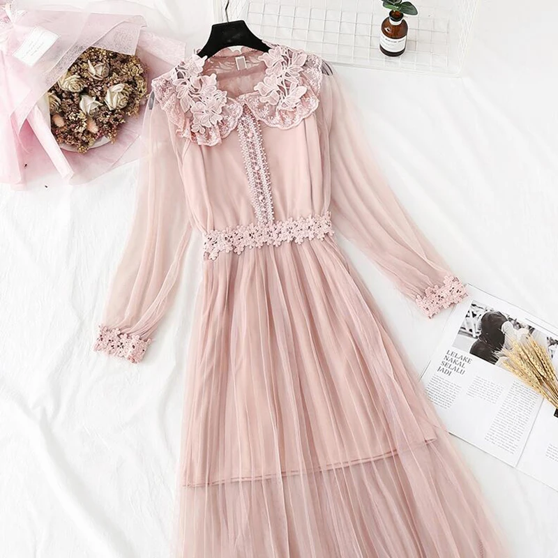 

Spring Autumn Women Dress Long Sleeve Lotus Leaf Collar Flowers Sling Lace Dress 2 Piece Set Sweet Party Mesh Dresses Vestidos
