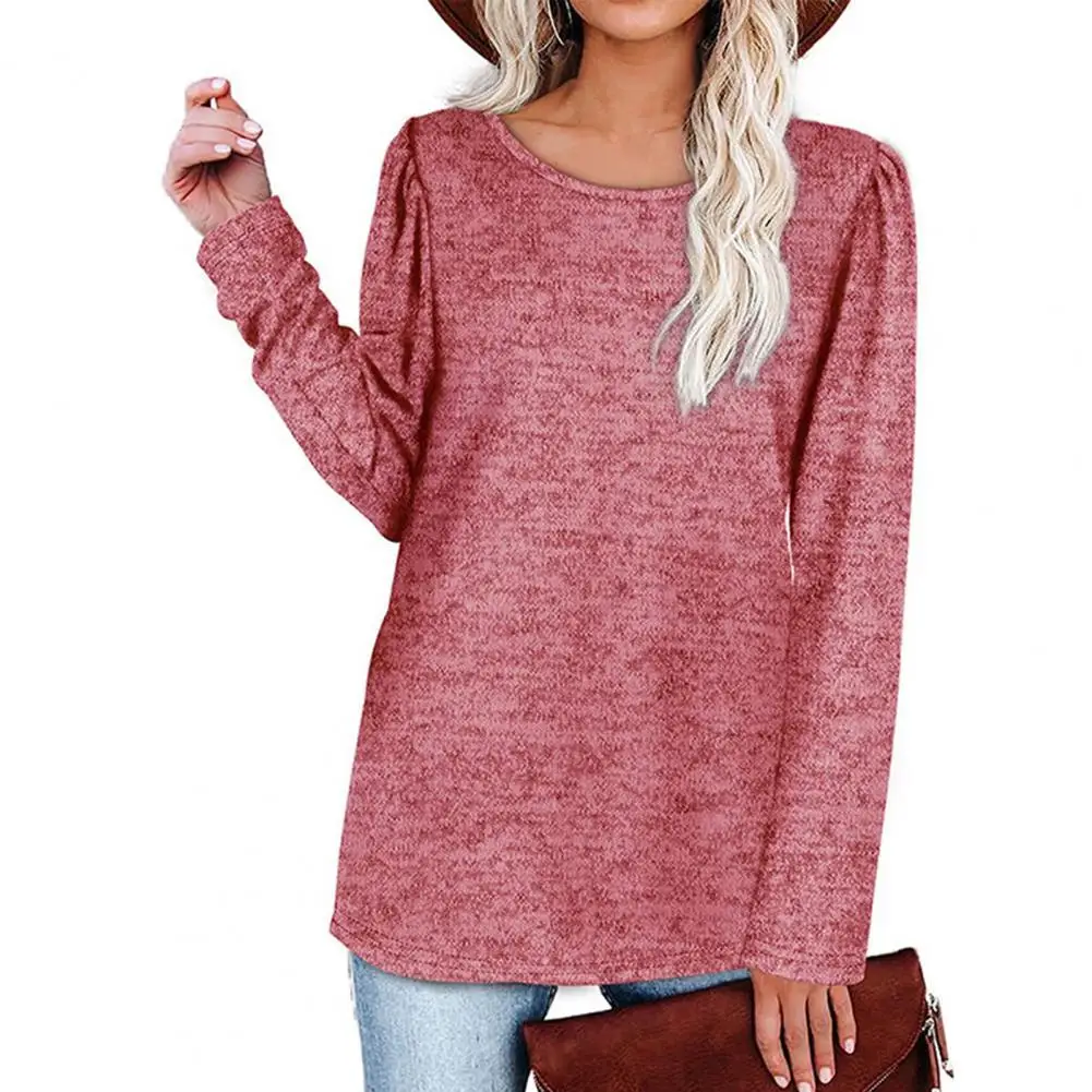 

Women Blouse Casual Long Sleeve Solid Color Cotton Blend Women Top Autumn Winter O-Neck Pleated Shoulder Tunic Blouse Pullover