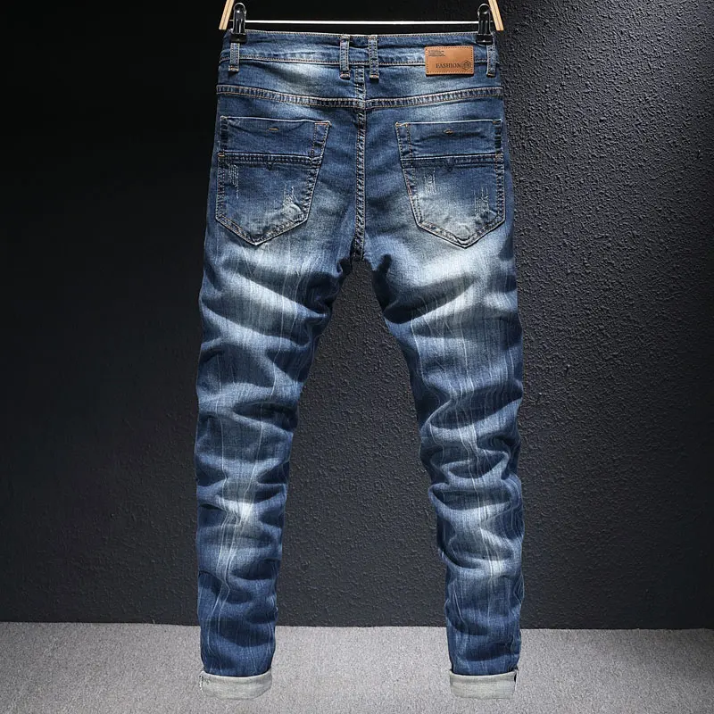 European Vintage Fashion Men Jeans Retro Blue Elastic Slim Fit Ripped Jeans Men Destroyed Distressed Designer Denim Pencil Pants