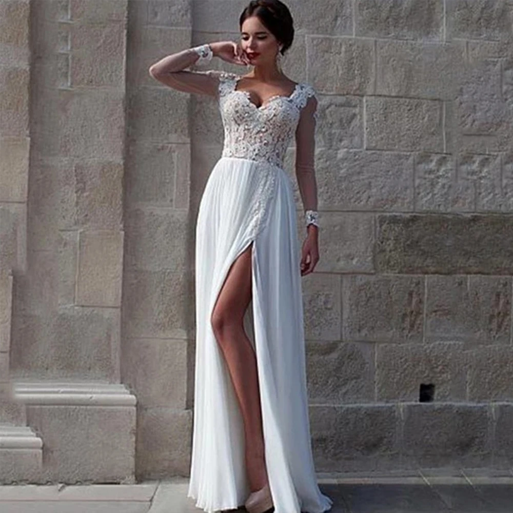 

White Wedding Dress For Civil Simple Slit Bridal Gowns With Illusion Long Sleeves Applique Chiffon Bohemian Свадебное платьe