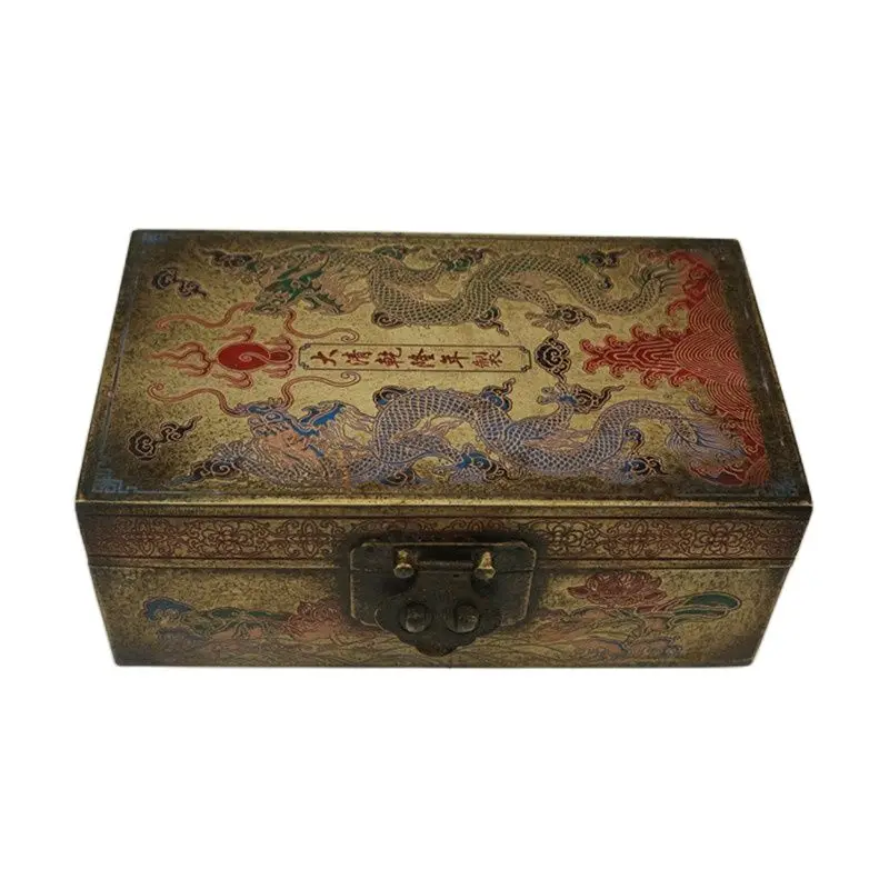 Chinese Old Court Refinement Treasure Chest Copper Storage Box Brass Painting Jewelry Box