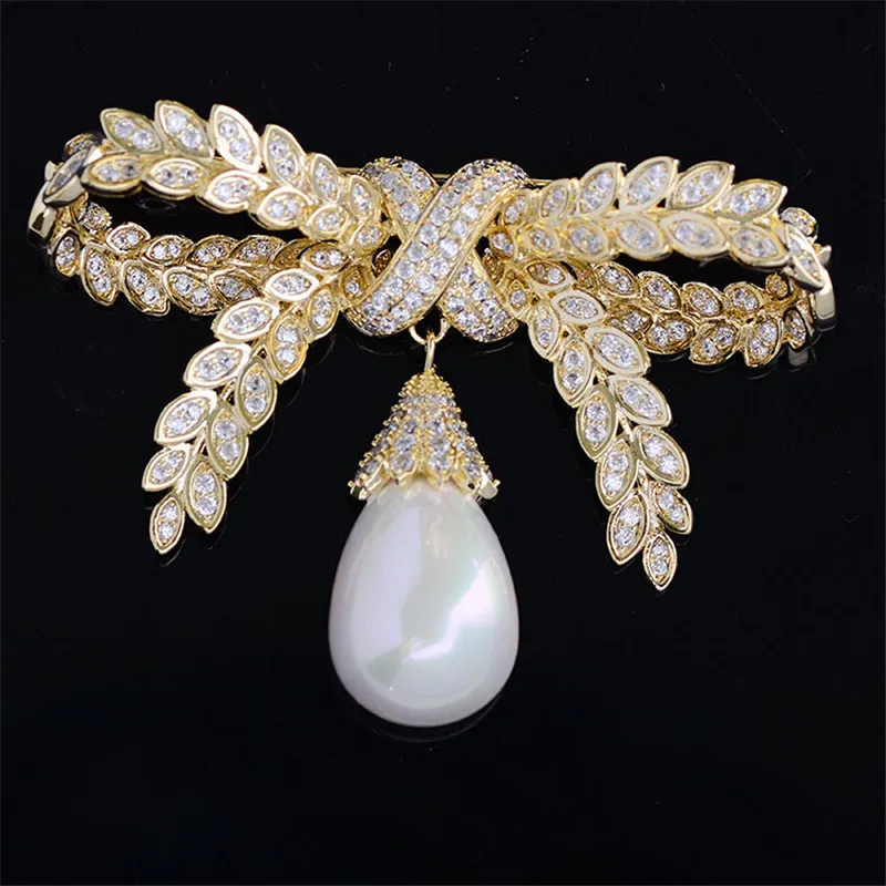 

OKILY Lovely Olive-Branch Zircon Bowknot Brooches for Women Pin and Brooches Scarf Fashion Pearl Broochpin Thankgiving Day Gift
