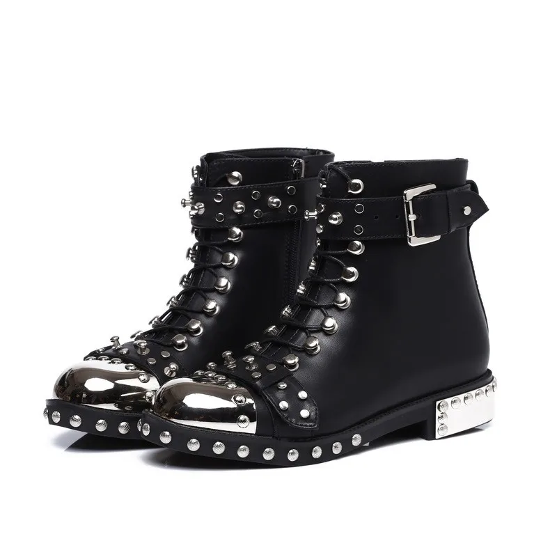 

High Quality Women Black Flats Knight Boots Genuine Leather Studded Rivets Lace Up Ankle Boots Punk Motorcycle Winter Booties