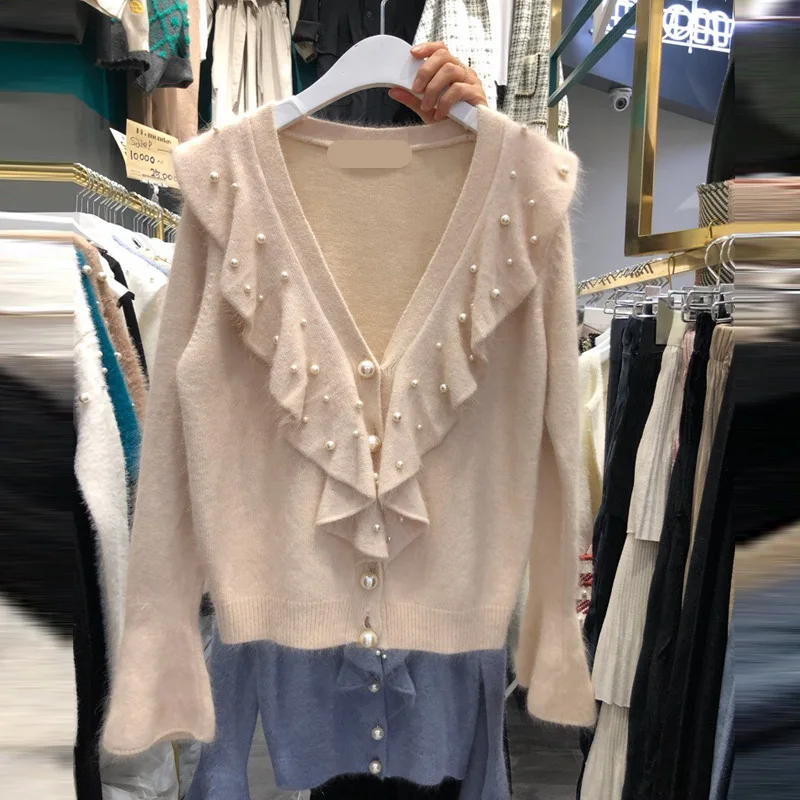 

Yocalor Flare Sleeve Beading Fungus Patckwork Femme Cardigan Autumn Winter New V-neck Sweater 2020 Bling Pearl Button Coat