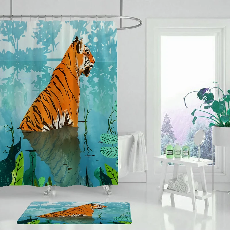 Занавеска для душа с милыми животными зеленые растения цветы листья красивый