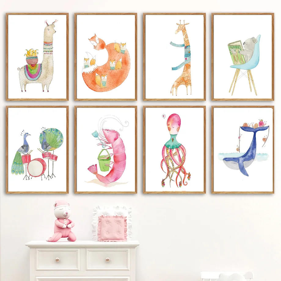 Декор для детской комнаты: лама лиса жираф Кит осьминог раков настенная Картина