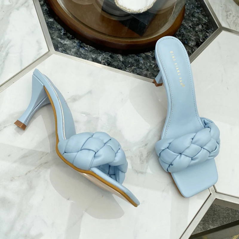 Мюли женские на каблуке 9 см модные туфли без задника низкий каблук тапки