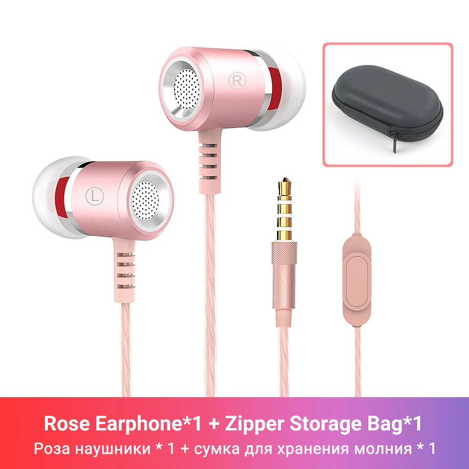 Rose with Bag Langsdom M400 наушники в ухо спортивные Проводные для телефона Xiaomi Super Bass гарнитуры с микрофоном Hifi наушники fone de ouvido - Цвет: Rose with Bag