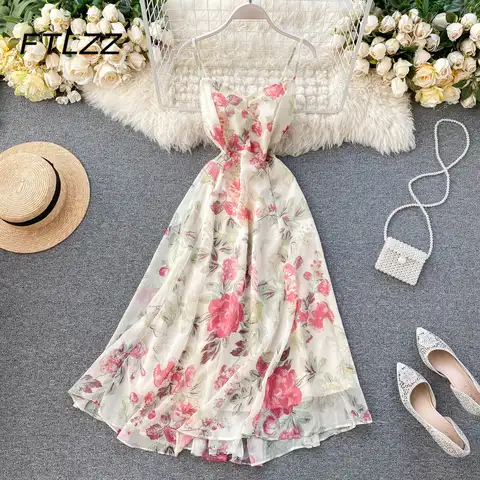 Женское пляжное шифоновое платье, Бандажное длинное платье с открытой спиной и цветочным принтом, Элегантное летнее платье