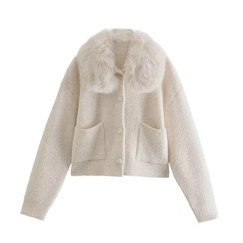 

Осень 2021, Модный женский белый вязаный кардиган, повседневное однобортное пальто со съемным воротником из искусственного меха и длинным ру...