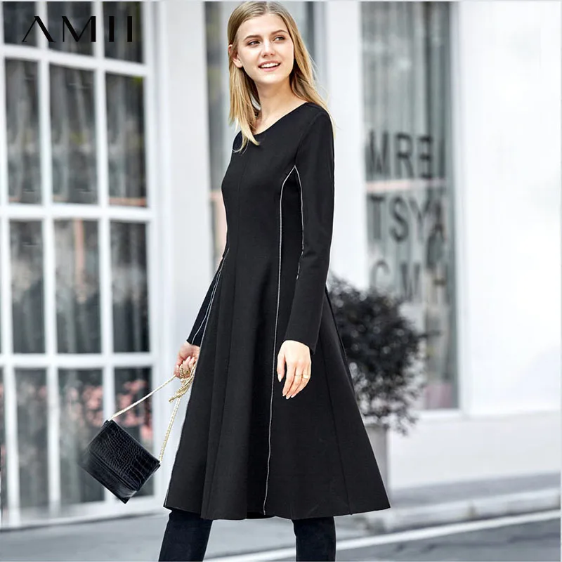 

AMII Minimalism Autumn Spliced Oneck Women Dress Fashion Causal High Waist Slim Fit Knee-length Female Dress 11830281