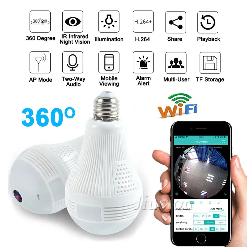 Mini Wifi Camera 360 Panoramic Fisheye Light Bulb 960P Video Surveillance Night Vision Two Way Audio IP CCTV Home Security Cam