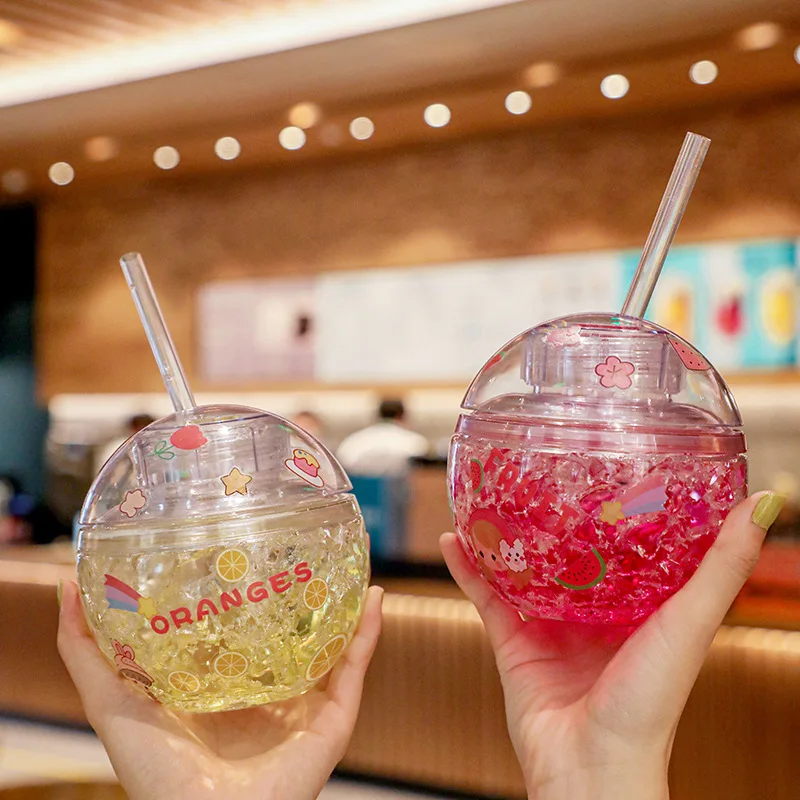 

Kawaii Round Ice Water Bottle With Straw Drinkware For Child Girls 400ml Plastic Reusable Juice Strawberry Peach Creative Cup