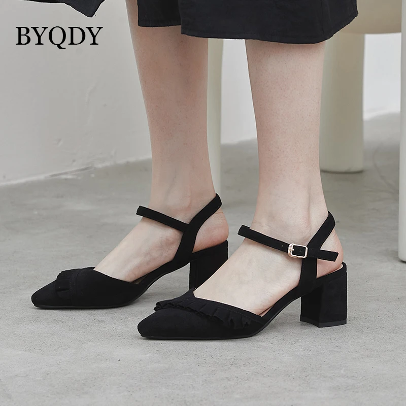 

BYQDY Spring Buckle Strap Pumps Women Thick High Heels Pointed Toe Shoe Slingback Pumps Gladiator Pleated Elegant Lady Footwear
