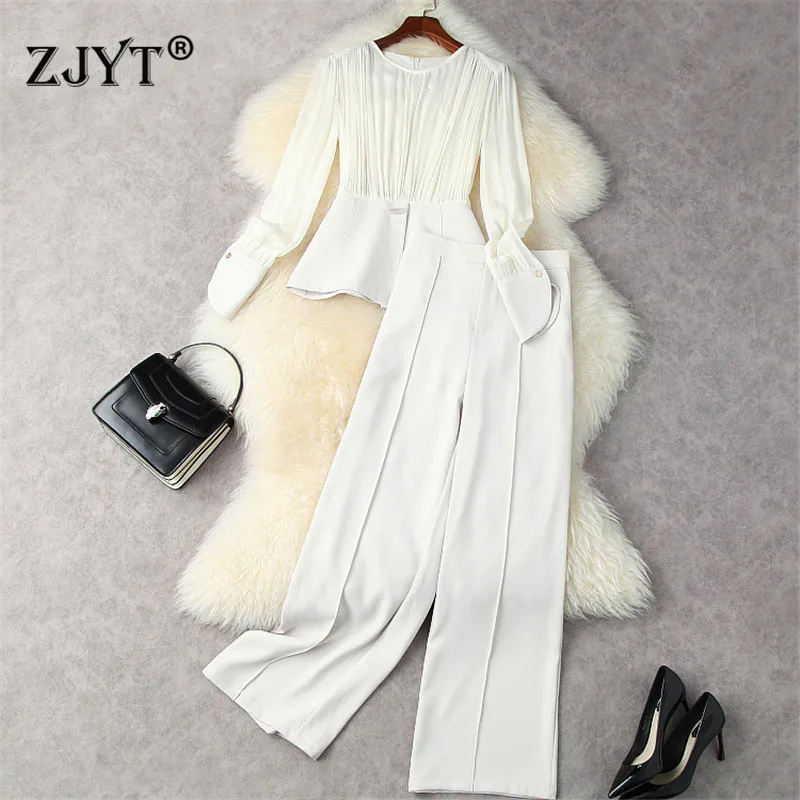 

2021 Autumn Elegant Women's Office Trousers Suit Long Sleeve Chiffon Patchwork Top and Pants 2 Piece Matching Sets Party Outfit