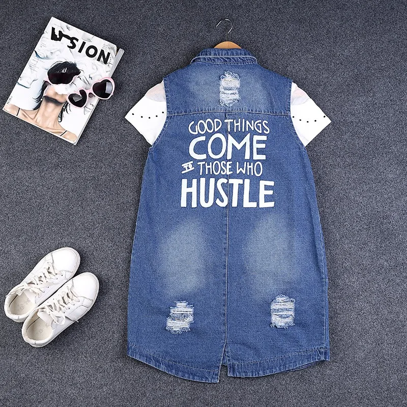 Женский джинсовый жилет с дырками большой размер S-9XL без рукавов куртка