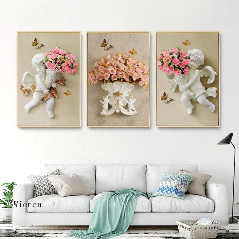 Белая ангельская каменная статуя розовая красная роза холст живопись фотография