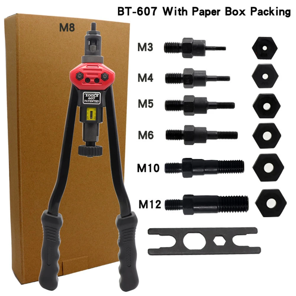 BT-607 Rivet Nut Tool Hand Blind Riveter Nut Gun Hand Riveter Rivet Tool With 7 Metric Chucks M3 M4 M5 M6 M8 M10 M12