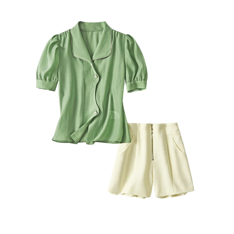 

SHUCHAN Summer Japan Style 2 Pece Set Diamonds Tops +shorts with Zipper Fly Puff Sleeve Turn-down Collar Above Knee, Mini