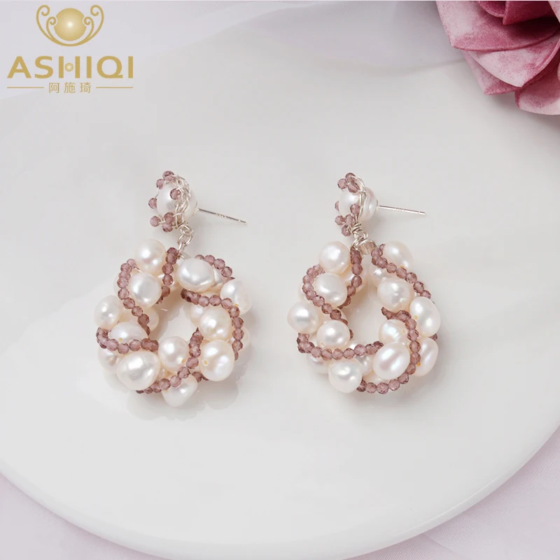 ASHIQI Natural Big Pearls Drop Earrings for Women with Purple Crystal Beads Handmade 925 Sterling Silver Jewelry | Украшения и