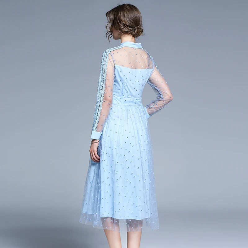 Женское Сетчатое платье миди в горошек с вышивкой|Женские платья| |