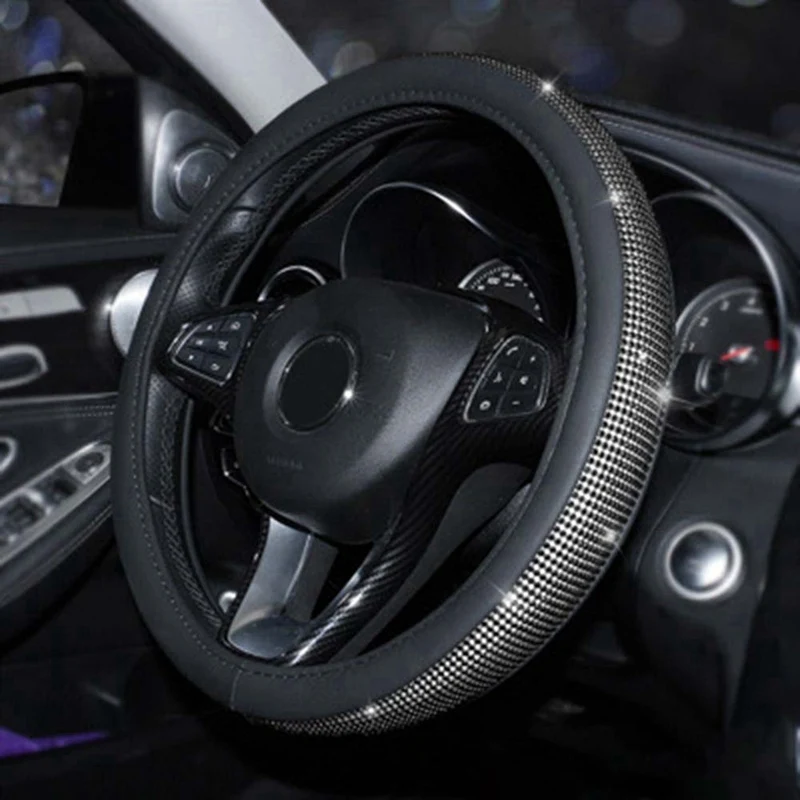 Роскошные хрустальные Автомобильные Чехлы На Руль для женщин девочек кожаные чехлы со стразами для рулей аксессуары для интерьера - Название цвета: BK