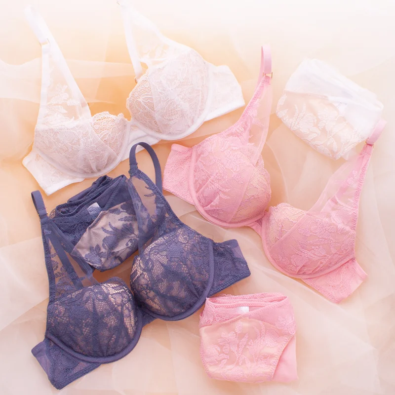 French Super Push Up Bra Small Breasts Sexy Ultra Thin Fashion Floral Flower Bra And Panty Set Lace Underwear Women Bralette New