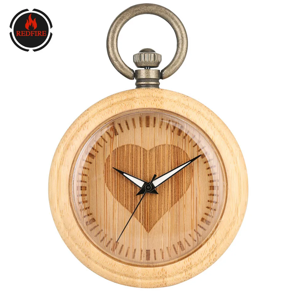 

REDFIRE Engraved Heart Dial Open Face Pure Bamboo Pocket Watch Quartz Wooden Pendant Clock Bronze Fob Chain Antique Watches Gift