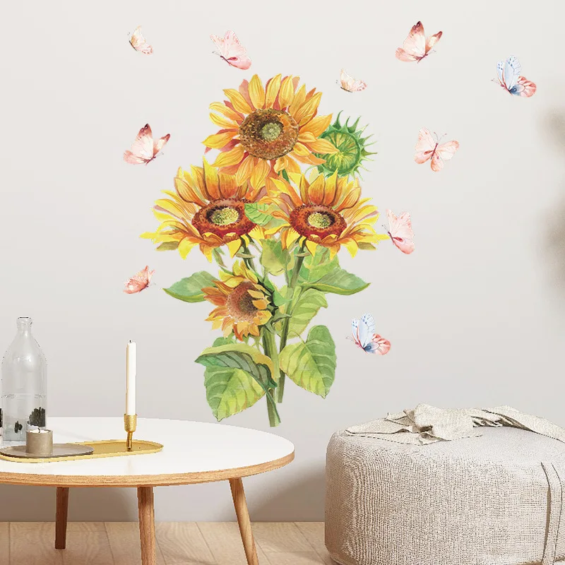 

Pink Butterfly Sunflower Wall Sticker Art Decal Removable Flower WallPaper For Living Room Bedroom Kitchen Background Decoration